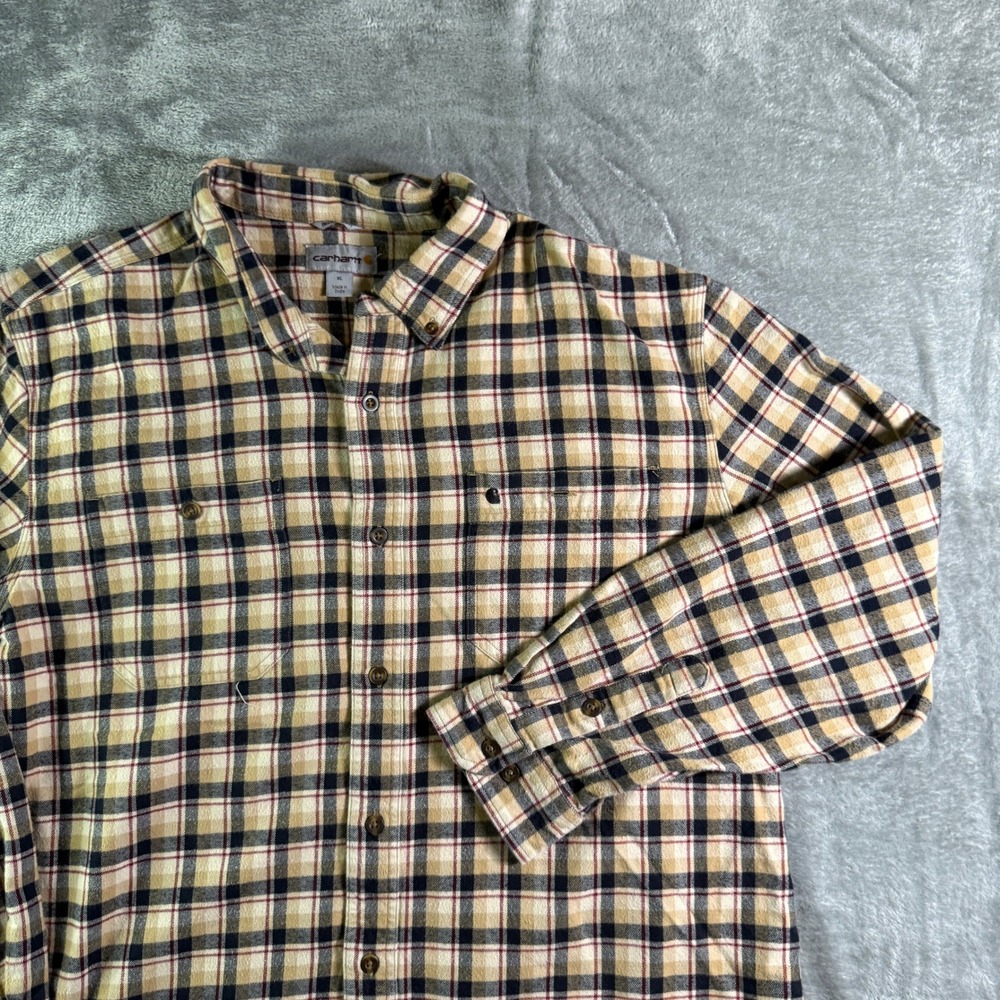 Carhartt Relaxed Fit Flannel Shirt Beige Black Plaid Button Up Long Sleeve XL